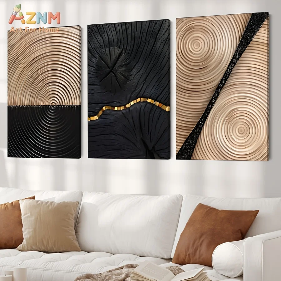 AZNM Wabi Sabi Abstract Wood Grain Tree Ring Gold Line Canvas Wall Art, Neutral Black Beige 3D Textured Boho Minimalist Print Po