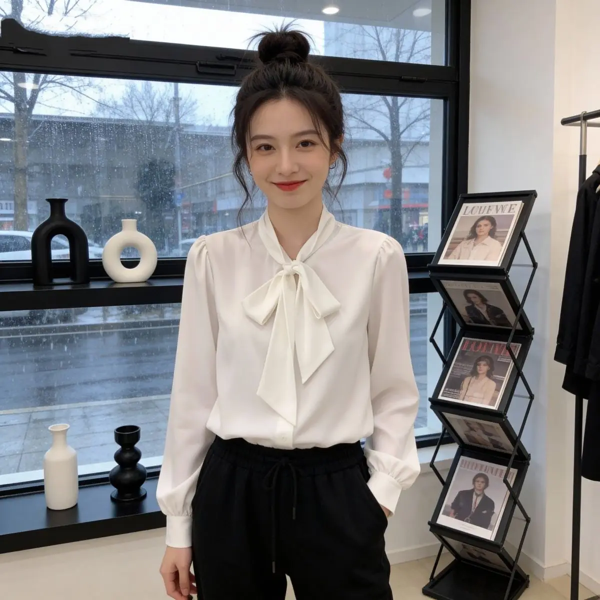 

Spring Korean Sle White Knot Tied irt Women's Commute Casual Loose Fit Polyester Long Sve No Ironing Needed