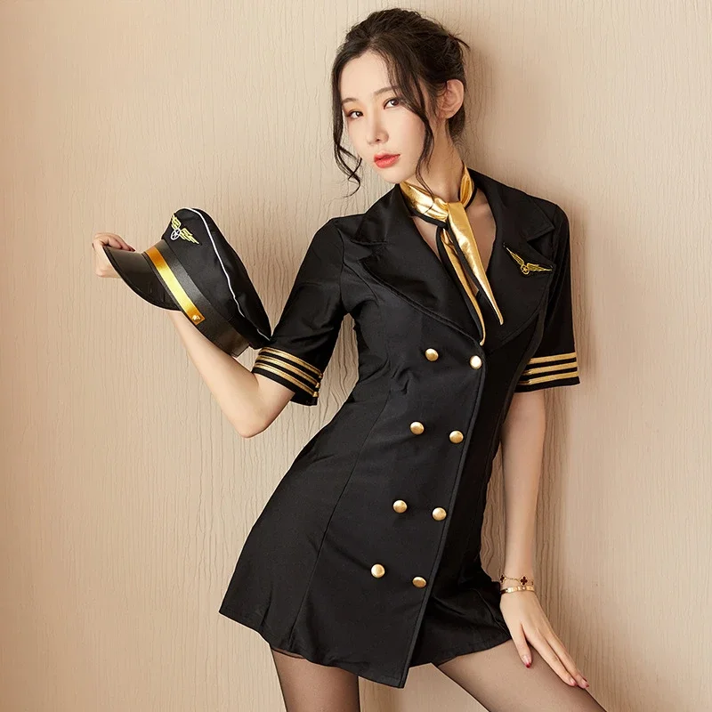 

Women Stewardesses Policewoman Uniforms Cosplay Slim Nightclub Performances High Quality Shirt Mini Dress Nightwear Lingerie