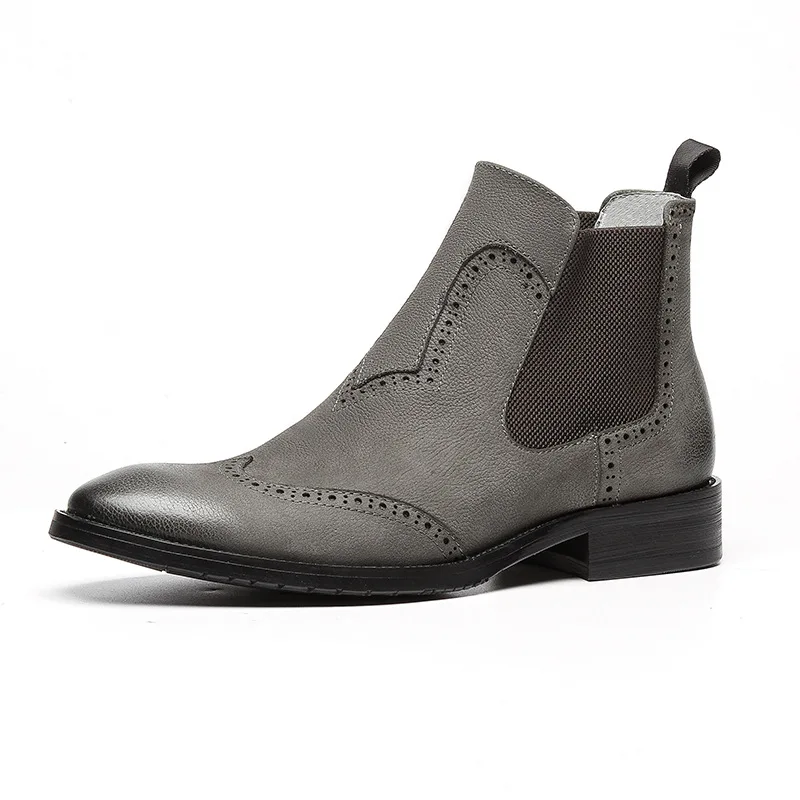 

New Gentlemen Vintage Leather Boots British Style Men Black Gray Botas Slip On Wedding Shoes Male Chelsea Booties