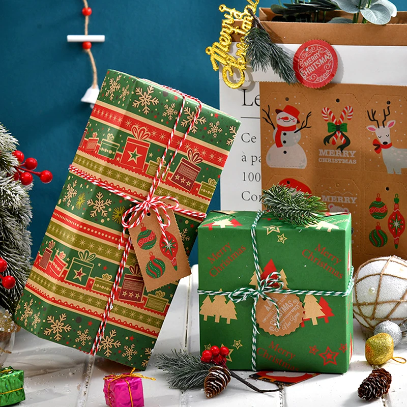 6pcs Vintage Kraft Paper Packaging Paper Christmas Gift Wrapping Paper Snowman Bell Christmas Tree Gift Paper 50*70cm