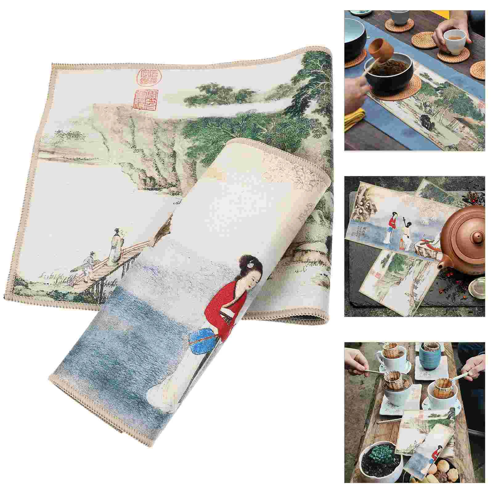 2 Pcs Chinese Style Tea Mat Cloth Dish Towels Clean Coral Fleece Table Pad Water Absorption