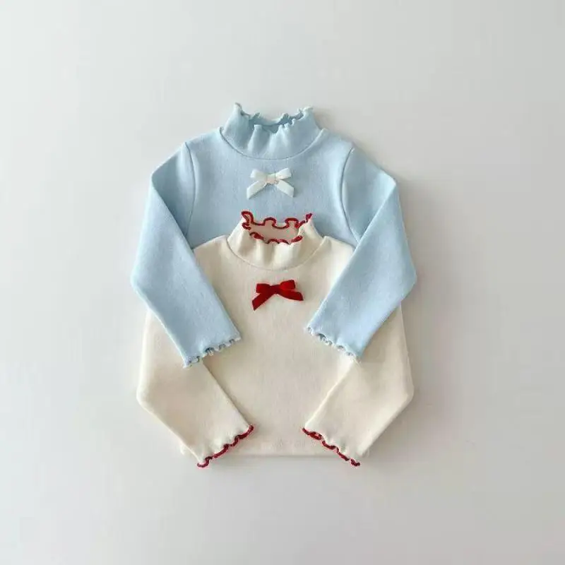 

2025 Autumn New Baby Girl Long Sleeve T Shirts Cotton Girls Cute Bow Tops Solid Turtleneck Bottoming Shirts Toddler Clothes