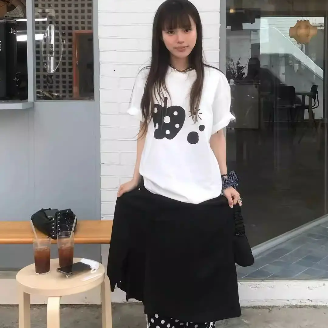 

Onalippa 2025 New Design Sense Fruit Print Round Neck Lazy Style Loose Shoulder Short Sleeved T-shirt Women Summer New Top