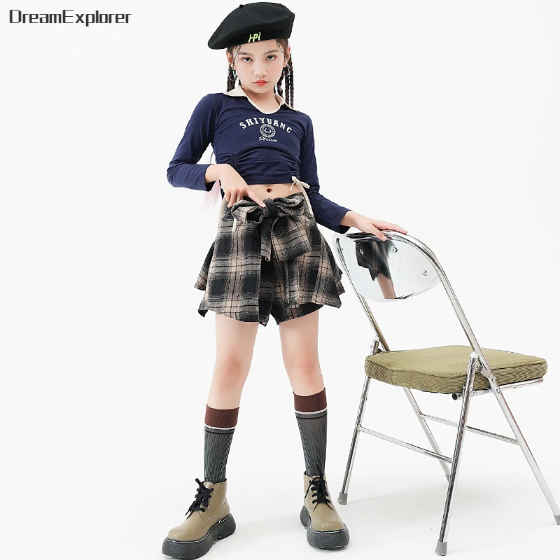 

Girls Hip Hop Polo Shirt Plaid Pantskirt Kids Streetwear Jazz Culottes Costumes Child Crop Top Street Dance Skirt Clothes Sets