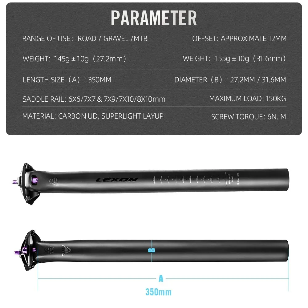 مقعد من Lexon-Ultralight من الكربون ، أنبوب مقعد ، عمود مقعد ، طول ، مناسب لدراجة MTB ، حصى ، دراجة طريق ، مقاسين ، صفين ، g #6