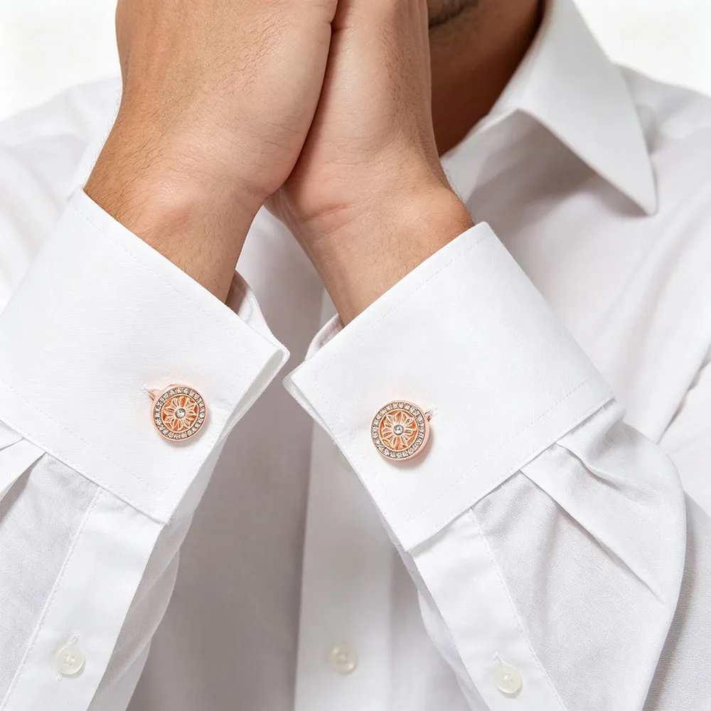 Klassische Manschettenknöpfe mit Blumengravur für Herren Luxuriöse Funkelnde Strass-Dekorative Runde Manschettenknöpfe Formeller Schmuck – Detail 4