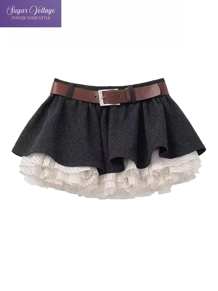 

Модная милая двухслойная юбка, женская темно-серая шерстяная мини-полосатая плиссированная юбка с поясом, модная милая повседневная одежда для кампуса