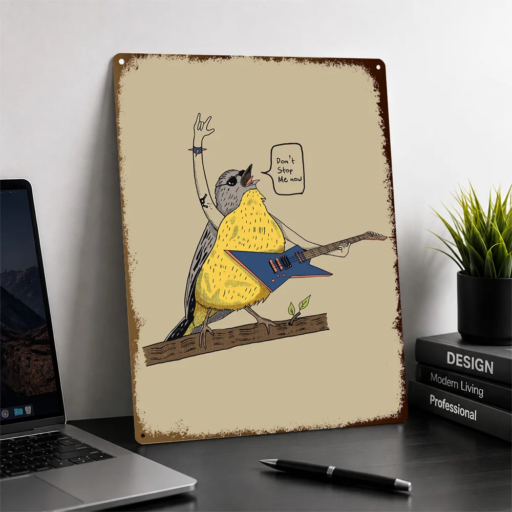 Rocking Bird With Electric Guitar Textured Metal Poster Cartoon Wall Art For Bedroom Customized Aluminum Sign Housewarming Gift