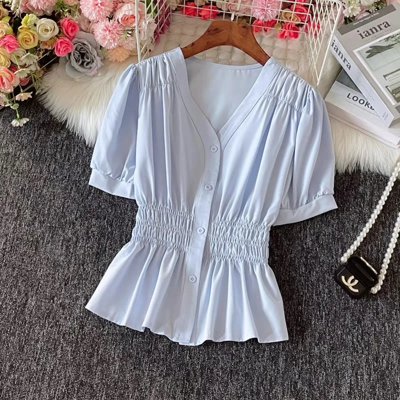 

Корейская женская рубашка с короткими рукавами, лето 2025 г., повседневная утягивающая талия Harajuku, модная элегантная однотонная женская одежда больших размеров