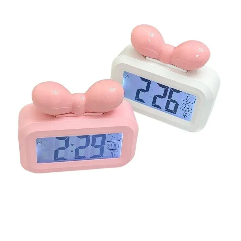 LED Digital Clock Bowknot Temperature Detection Alarm Cute Gift Night Light Mini Desktop