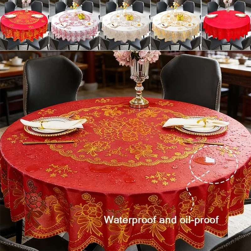1pc Red and Golden PVC Round Tablecloth, Waterproof Oil-Proof Solid Color Cover Dining Table Decoration, Ideal for Home Kitchen