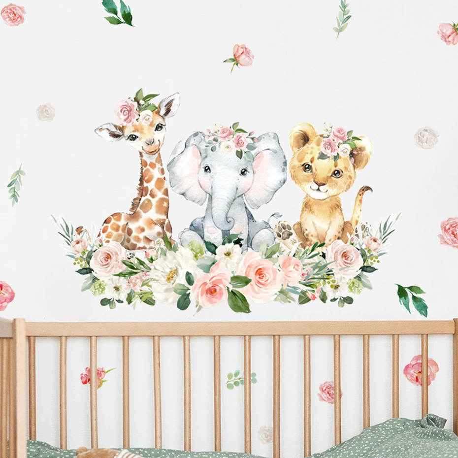 Cartoon Cute Watercolor Pink Floral Safari Jungle Animal Wall Sticker for Kids Room Baby Girl Nursery Decals Bedroom Home Decor