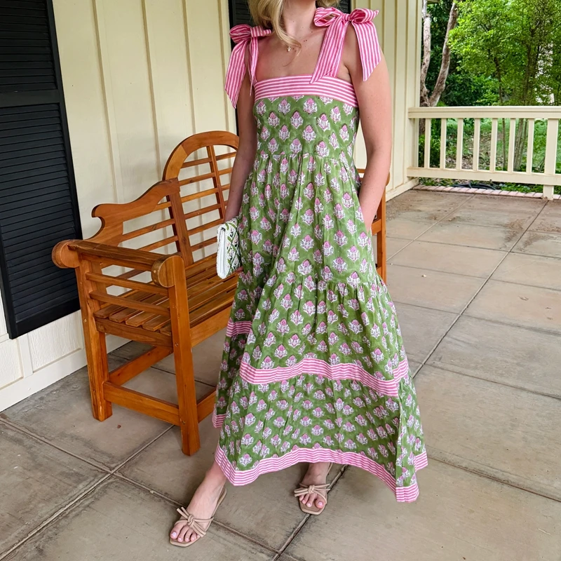 Maemukilabe feminino cottage boho maxi vestido floral gravata ombro flowy vestido longo verão praia pescoço quadrado babado em camadas vestido de verão