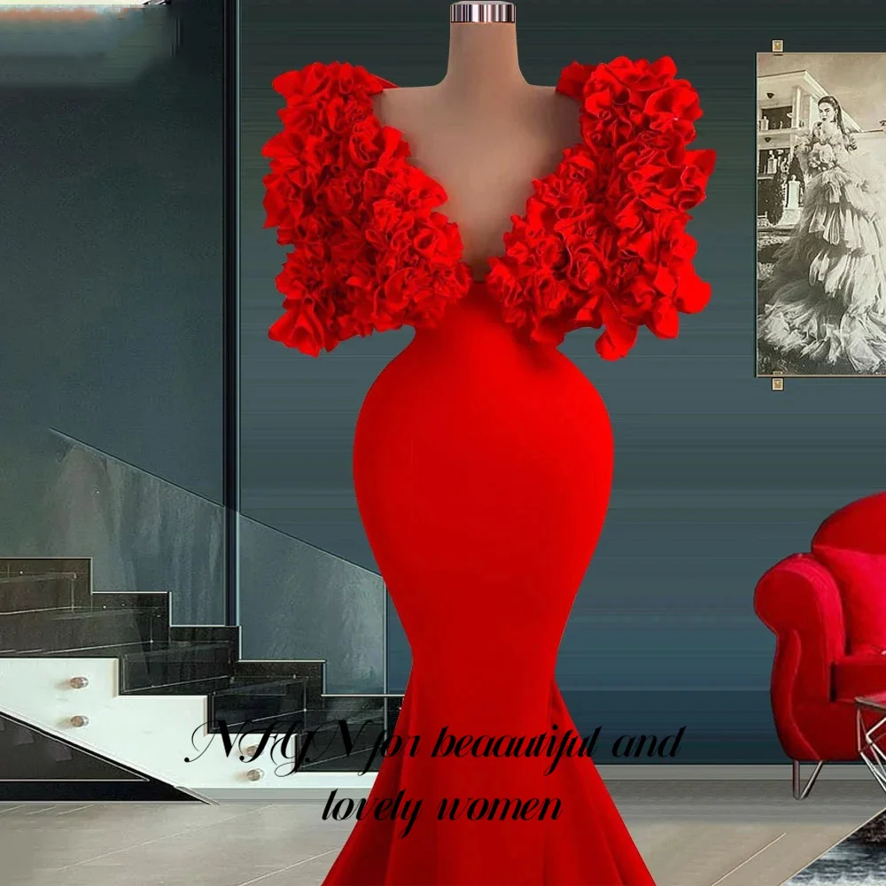 NFYN Red Mermaid Woman Evening Dress Gown Stain Ball Gown Ruched V Neck Night Dress Gown Custom Size robes de soirée Customized image 2