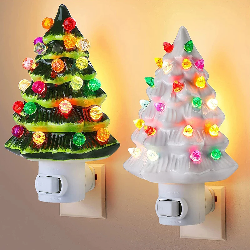 

Christmas Tree Night Light Vintage Green Christmas Tree Wall Plug In Night Light Hand Painted Nightlight Bedside Lamp