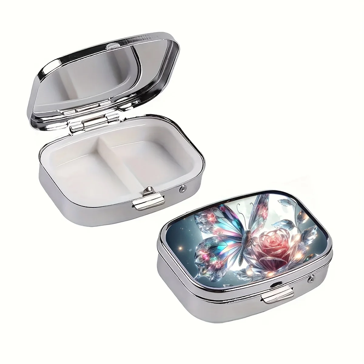 1 Crystal Butterfly and Rose Pill Box, with 2 Compartments, Portable Rectangular Pill Case, Suitable for Handbags, Travel Vitamin Organizer, Suitable for Both Men and Women, Ideal for Travel and Daily Use, Perfect Gift for Elders and Travelers