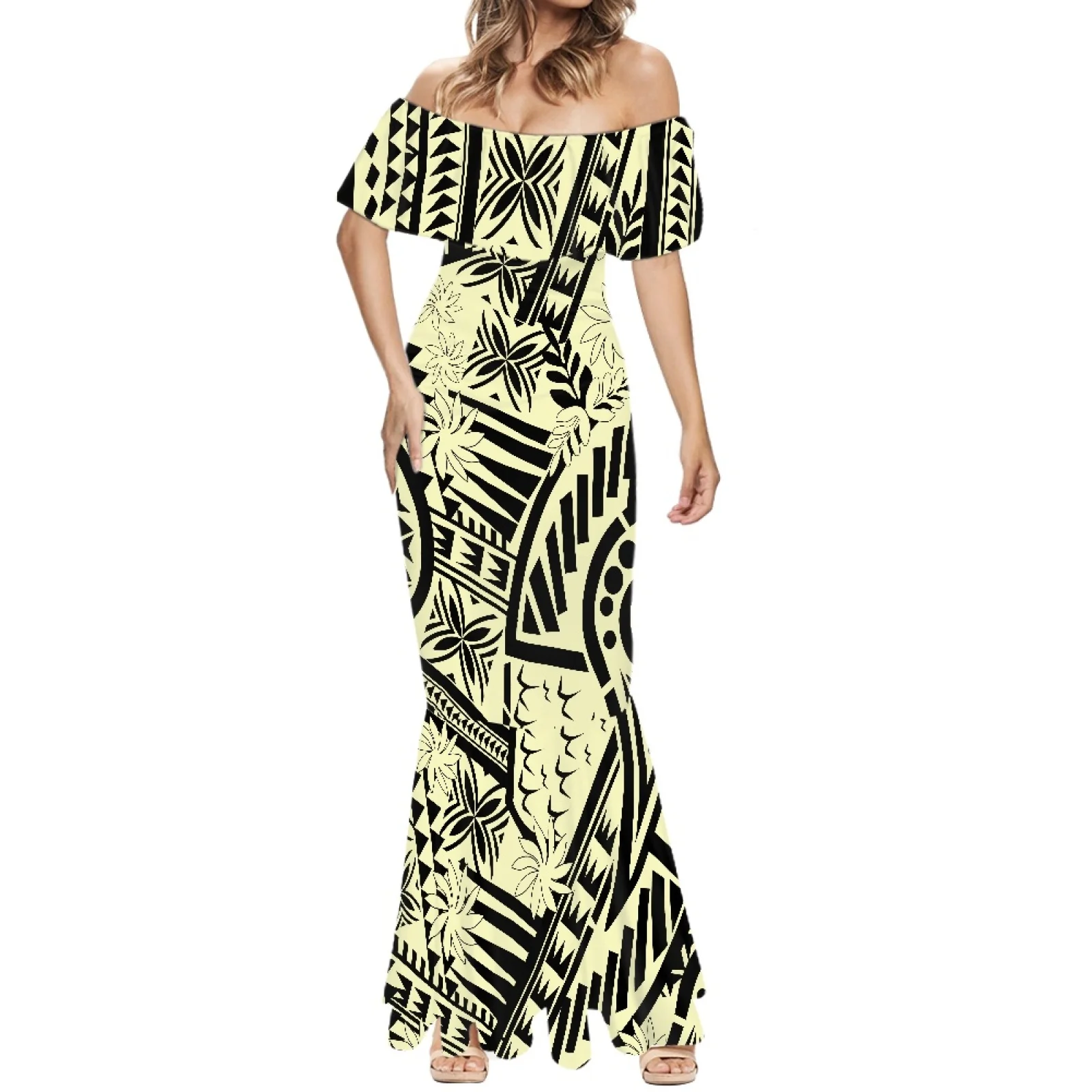 PolynesiaTattoo Print Elegance Party One-Shoulder Beach Dress Summer Women Clothin Formal Occasion Short Sleeve Fishtail Dress