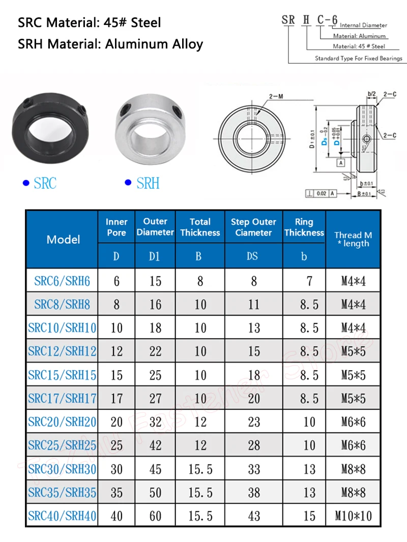 Anillo de fijación SRH SRC, diámetro de 6mm-40mm, eje óptico, límite de bloqueo, Círculo de aluminio/45 #, husillo de acero, sujeción de buje de retención, 1 unidad