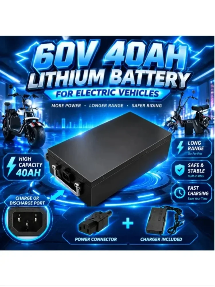60V 40Ah Lithium-Akkupack für Elektromotorräder, 2000W Hochleistungsmotor, geeignet für Harley Davidson, faltbare Citycoco-Elektro-Scooter, inklusive kostenlosem Ladegerät