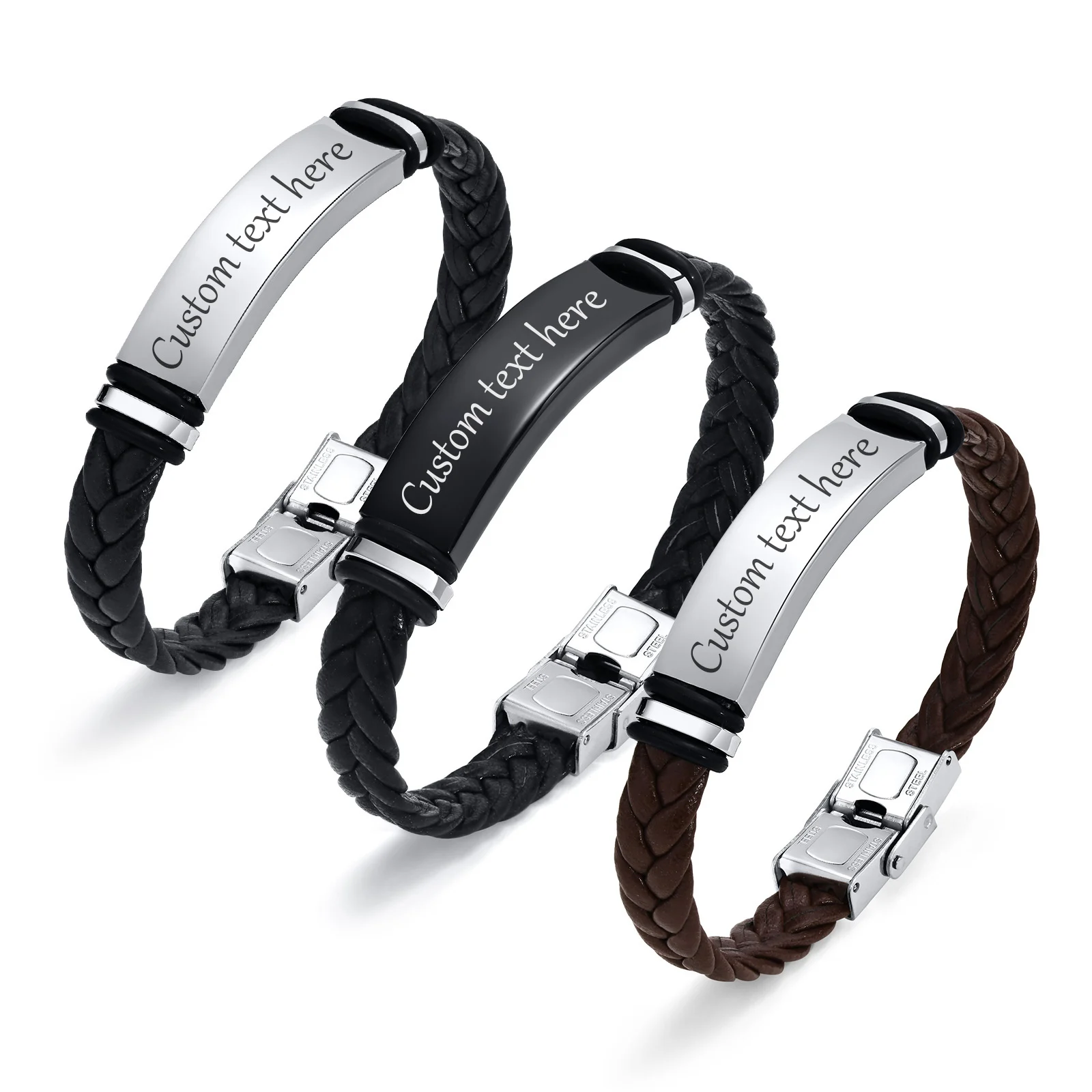 Men's Custom Text Here Leather Bracelets, Engraved Stainless Steel Blank Bar Leathers Bangle, New Simple Name Gift To Him