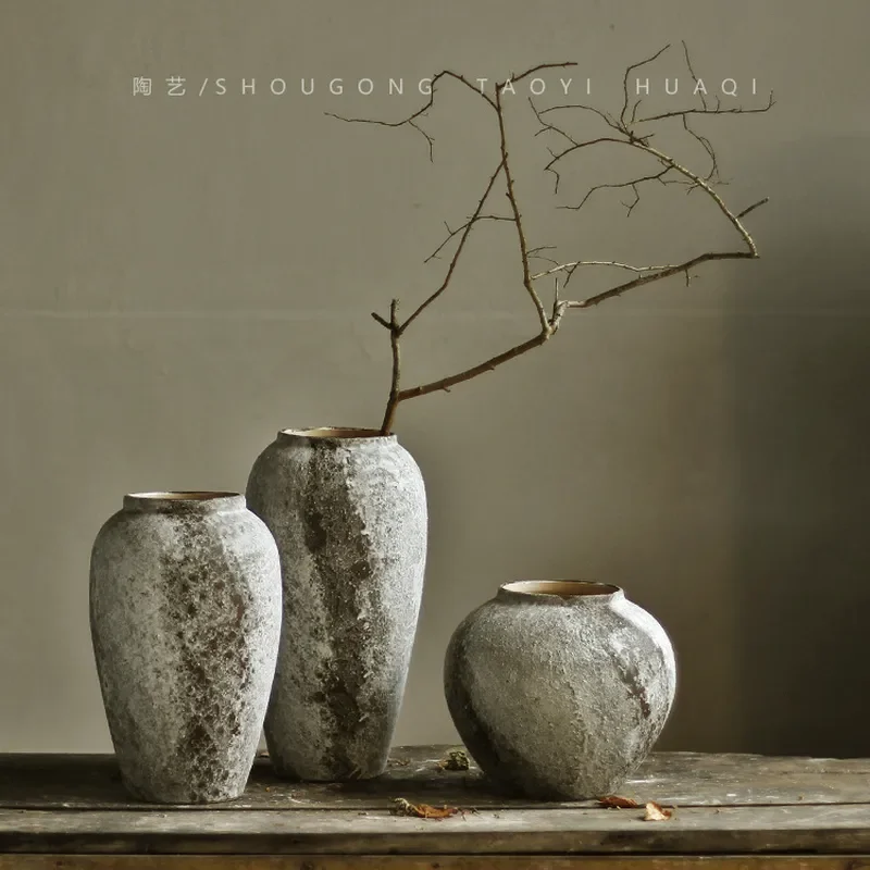 Mottled Ceramic Wabi Sabi Small Vase Retro Coarse Pottery Ornament for Living Room Flower Arrangement Dried Flower Water