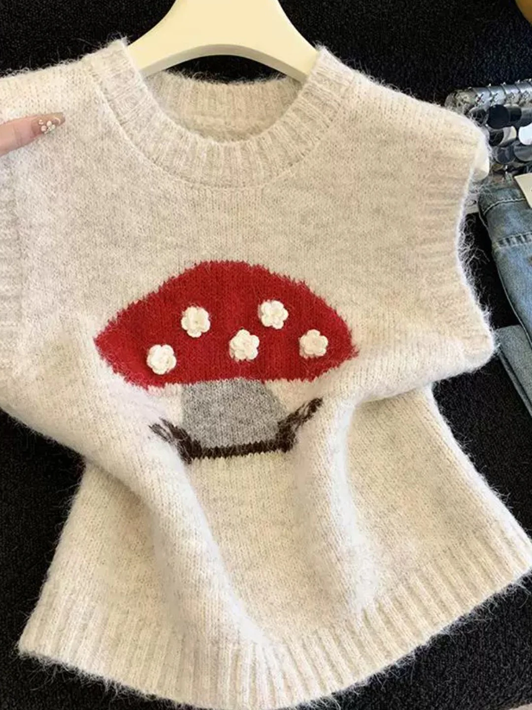 Mushroom Shaped Knitted Vest round Neck Pullover Sweater for Girls 3D Flower Design Ageless Fashion High Quality Top