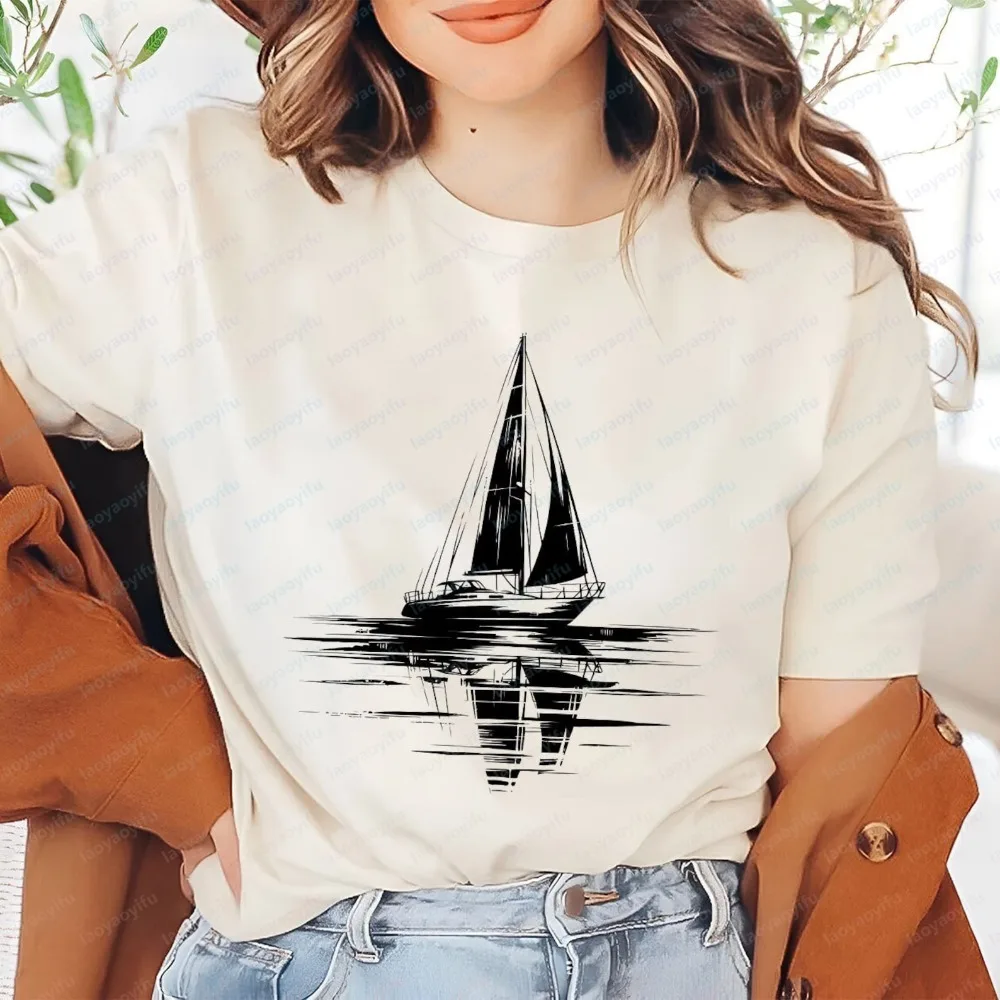 Classic Sailboat Minimalism Style Graphic Printed T-Shirt Casual Fashion Loose Harajuku Hip Hop Punk Man Women Streetwear