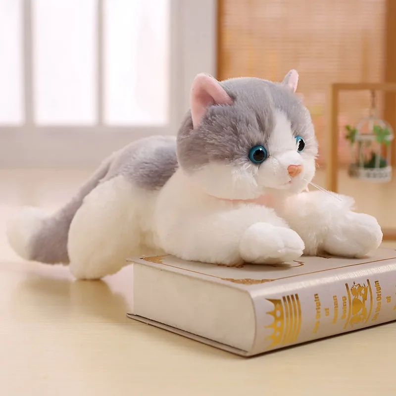 20cm-48cm Fluffy Lifelike Real Prone Striped Cat Plush Doll Stuffed Pure Colors White Kitten Toy Pets Animal Kids Gifts