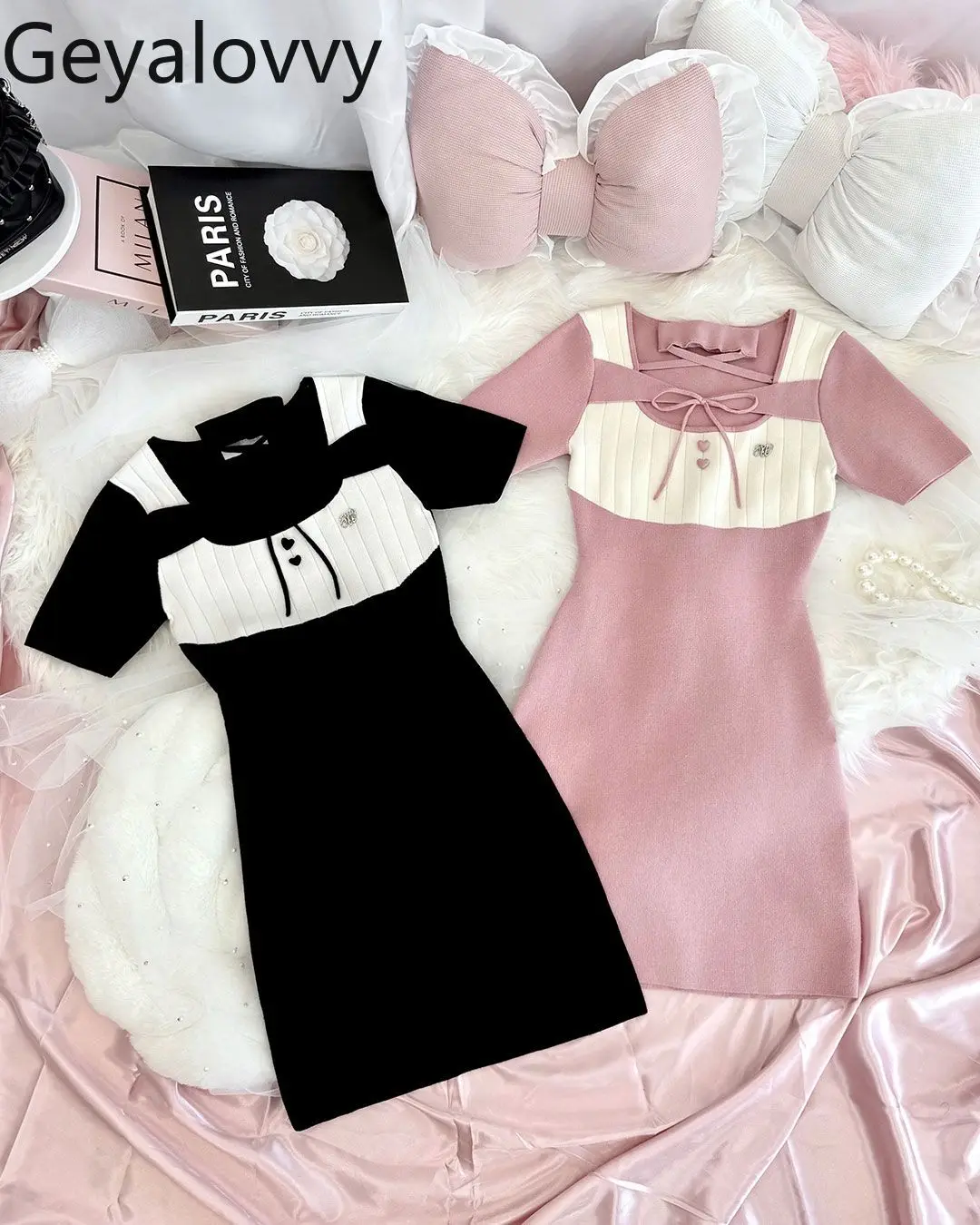 

Japanese Style New Color-Block Knitted Dresses for Women 2025 Fashion Elegant Casual Sweet and Cute Short Sleeve Dress Femme