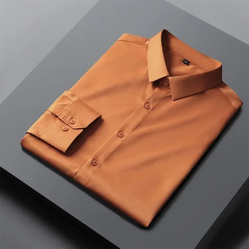 

T196Orange high-end ice silk shirt men's long-sleeved work clothes no-iron anti-wrinkle groom's wear