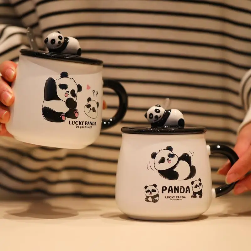 

Cute Cartoon Cerc Panda Mugs with Lid Spoon St Drinking Water Cup for Men And Women Couples Home Breakfast Oats