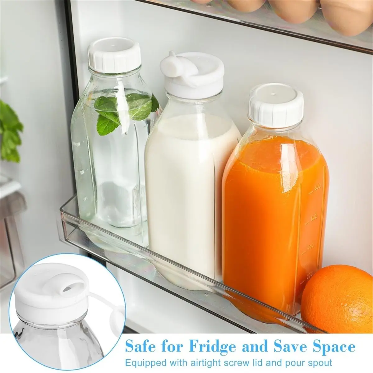 HAPPYDAY~ 4 Pack Glass Milk Bottle with 4 Dispenser Caps, Airtight Heavy Duty ScrewLid. 32 Oz Reusable Glass Water Jug