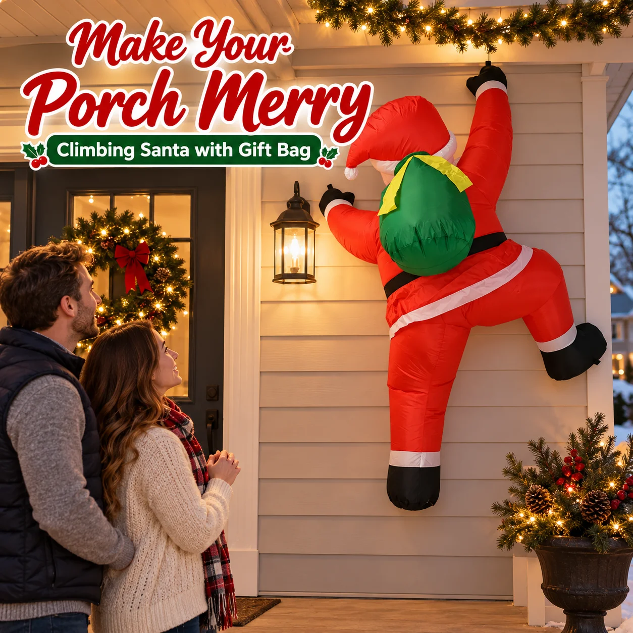 6FT Christmas Inflatable Climbing Santa Claus with Gift Bag Built in LED Light Up Blow Up Yard Decoration Outdoor Indoor Holiday Party Toy for Home Garden Roof Window Eaves Hanging Xmas Decorations with Air Blower and Ropes Xmas Party Props Decor Toys
