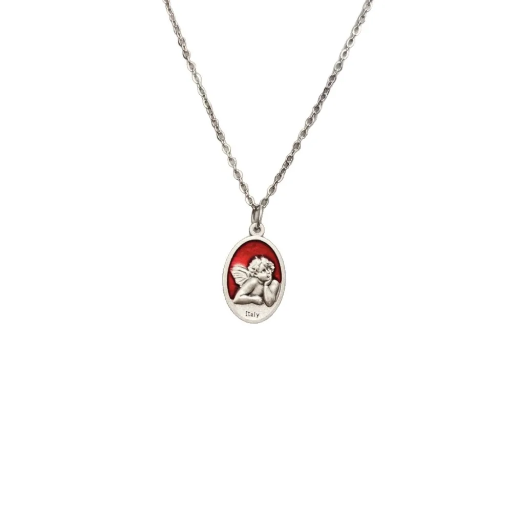 Vintage Temperament Sliver Color Double-sided Little Angel Fairy Relief Oval Pendant Necklace for Women Men Collar Chain Jewelry image 4