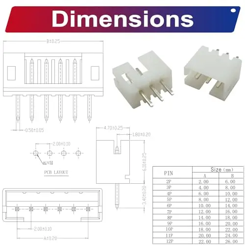 Jst ph 2,0 dip header jst 2mm pech adapter jst stecker kit, JST-PH oberer vertikaler kopf