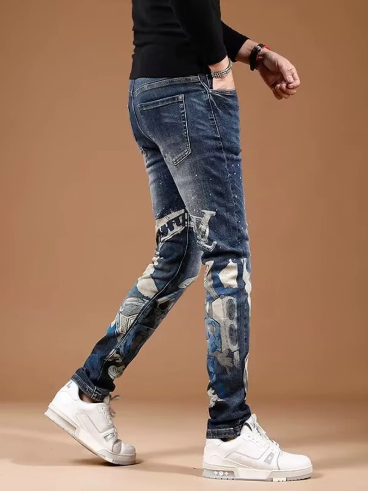 

Повседневные модные облегающие эластичные мужские джинсы с принтом, молодежные длинные брюки, износостойкие маленькие прямые джинсы