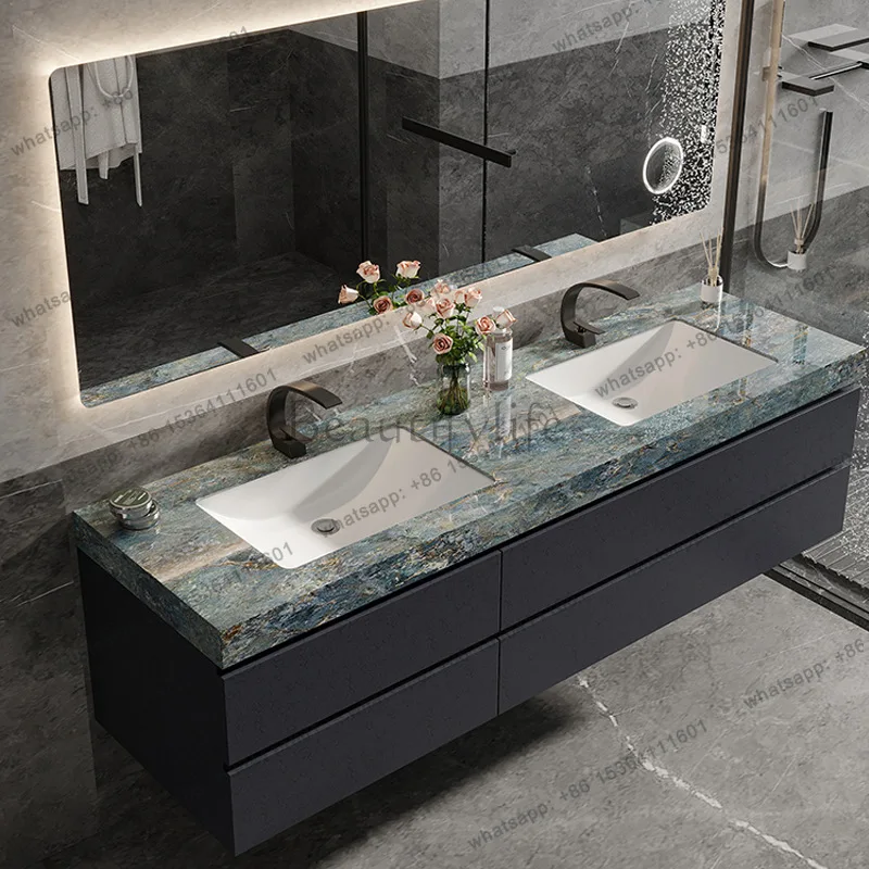 LDDesigner Modern Bathroom Vanity Rock Slab Ceramic Basin Bathroom Cabinet Combination Integrated Basin Solid Wood