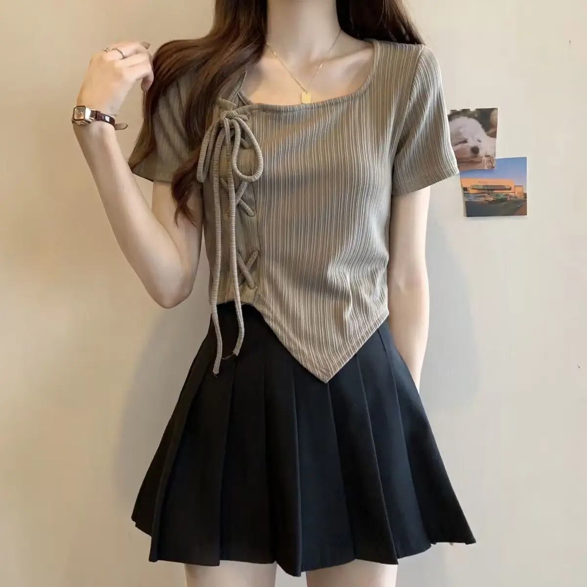 

Summer Strap Top Women's Irregular Drawstring Short-sleeved T-shirt Women Dress for Women