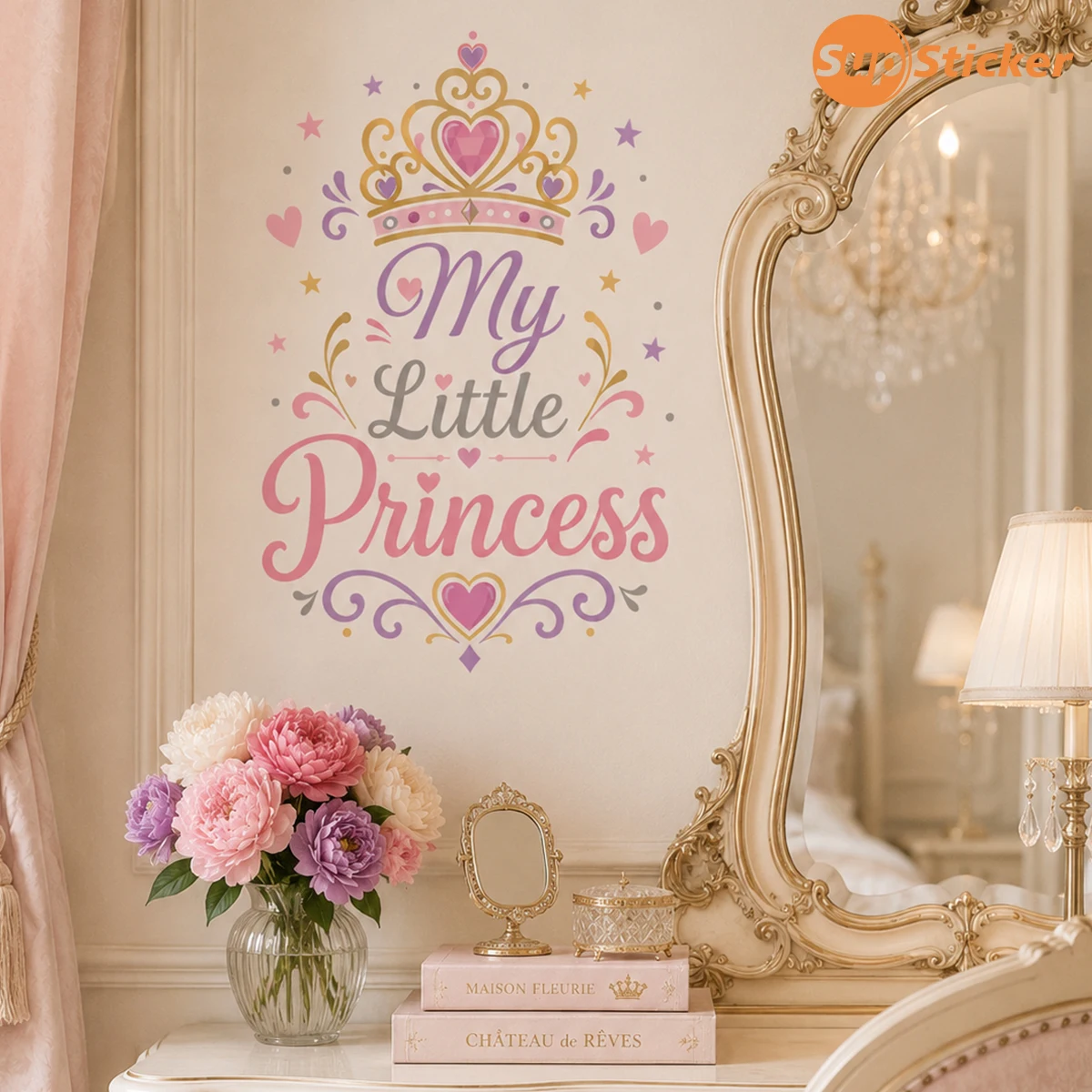 Vintage Crown Heart Letter Pattern Wall Decal,PVC,Self-Adhesive,Removable,DIY,No Residue,For Wall,Cabinet,Entryway Background De