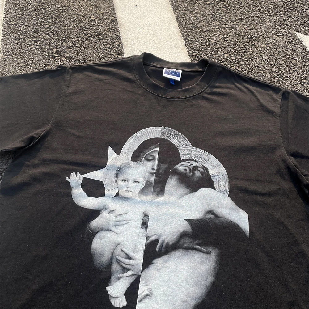 Heavyweight 260G Retro Poster Oversize Trendy Loose Couple T-Shirt Short Sleeve Fashionable Retro Design Pocket Square Scarf