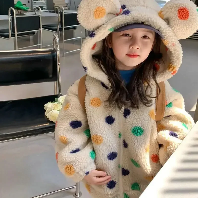 2025 Loose Girls' Coat Rainbow Polka Dots Hooded Big Ears Velvet Thickened Coat Top Winter New Children's Clothing