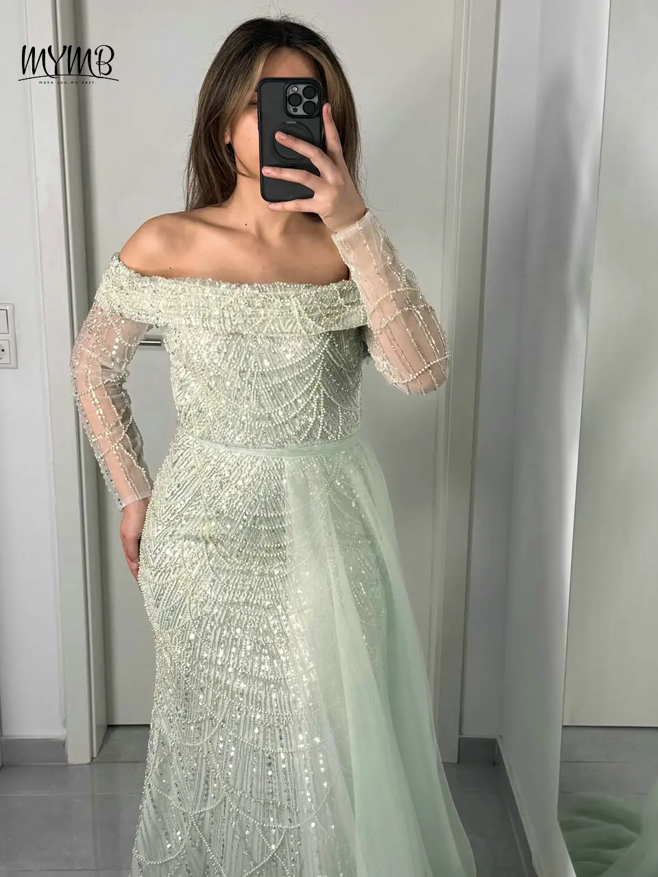 

MYMB Gorgerous Blue Strapless Mermaid Beaded Ladies Evening Party Dress Arabic Pleat Off Shoulder Long Sleeve Elegant Ball Gowns