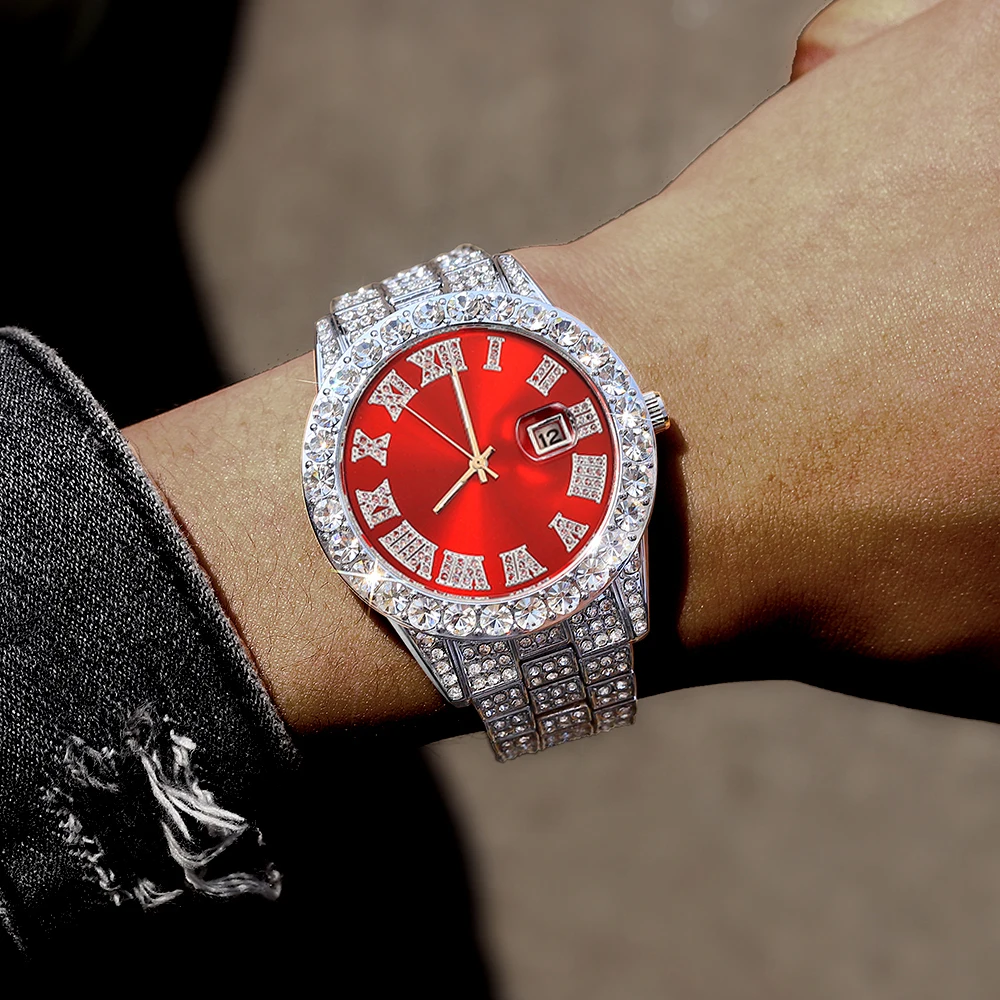 2-teiliges Hip-Hop-Punk-Uhrenset mit Diamantbesatz, runde Luxus-Herrenuhr, glänzendes Schmuckgeschenk mit Armbandversteller für Damen, Alltagskleidung – Detail 12