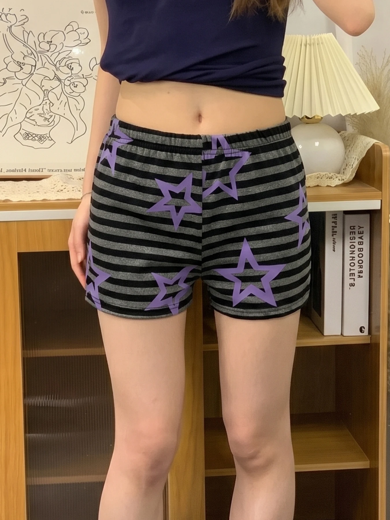 Y2K Alt Contrast Stripe Purple Cutout Star Print Drawstring Elastic Waist Loose Slim Home Sweat Shorts