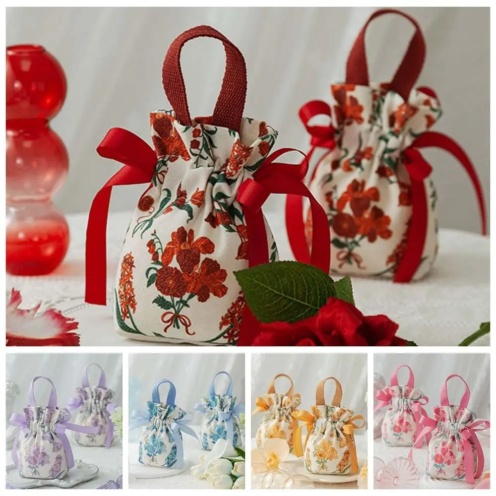 

Floral Canvas Drawstring Bag Large Capacity Bird Festive Sugar Bag Jewerly Packing Bag Wedding Candy Bag Bowknot Handbag