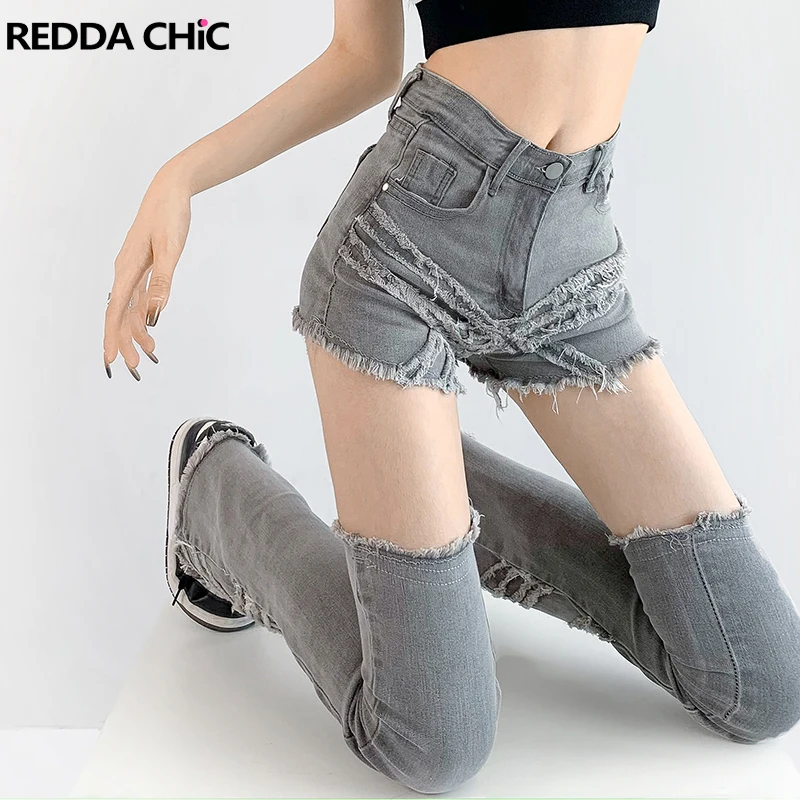 

REDDACHiC Summer Girl Denim Shorts & Leg Warmers Set Women Flare Jeans High Waist Slim Trousers Cuffs Long Legging Acubi Fashion