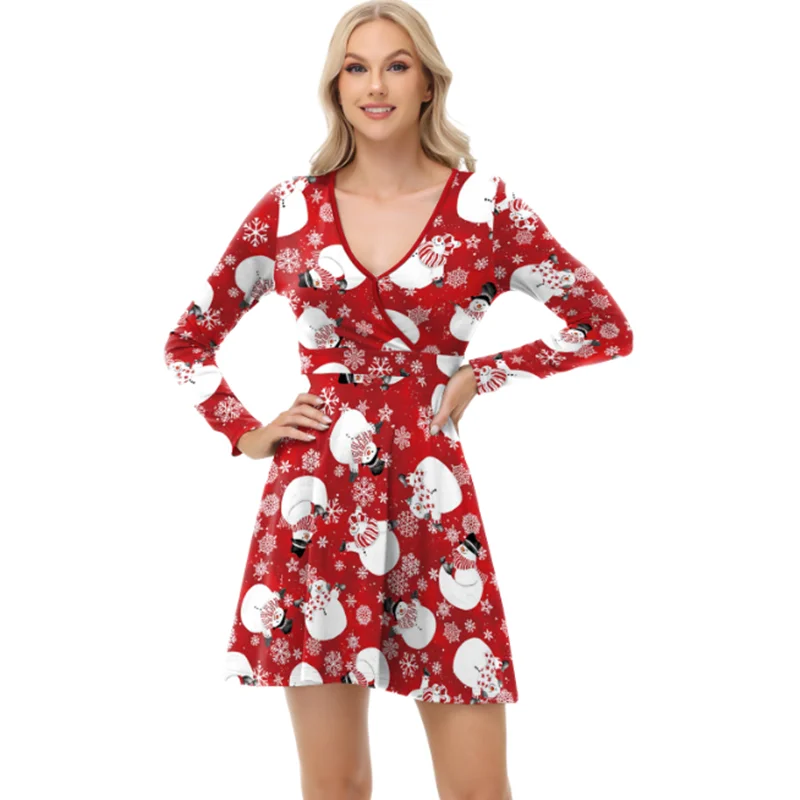 Robe sexy à manches longues pour femmes, mode européenne et américaine, jupe de Noël, impression numérique, col en V, automne, nouveau