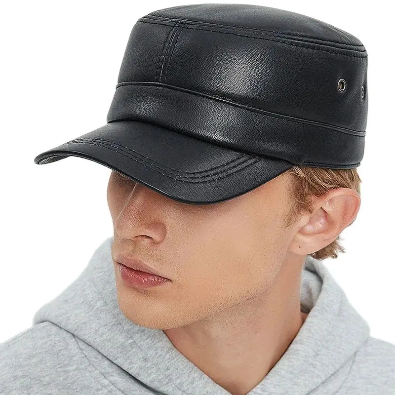 Spring Autumn and Winter Men\'s Single Layer Thin Genuine Leather Hat Outdoor Cold and Warm Cotton  Sheepskin Flat Hat peaked cap