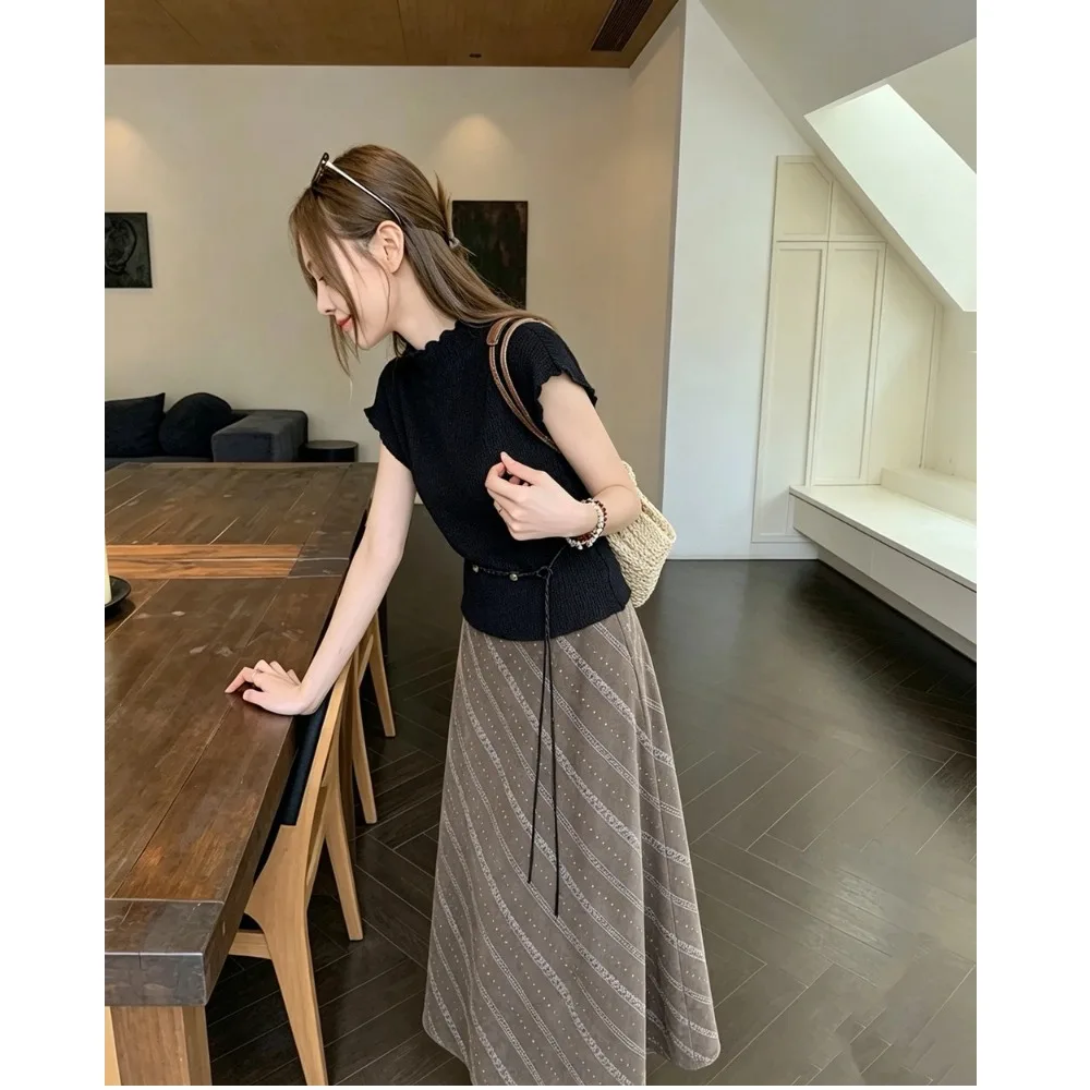 Retro Striped Polka Dot A-Line Suede  Skirt Women's High Waist Slimming Fashionable Long Skirts Autumn New Style